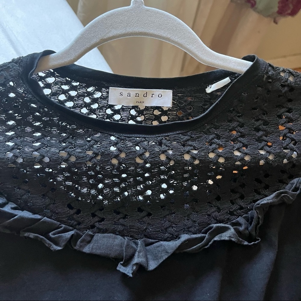 Sandro Paris black mesh insert contrast ruffle short sleeve T-shirt - Picture 3 of 5